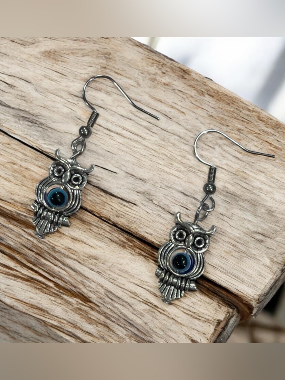 Silver Blue Owl Drop Earrings Evil Eye Protection Jewelry - Picture 3 of 3